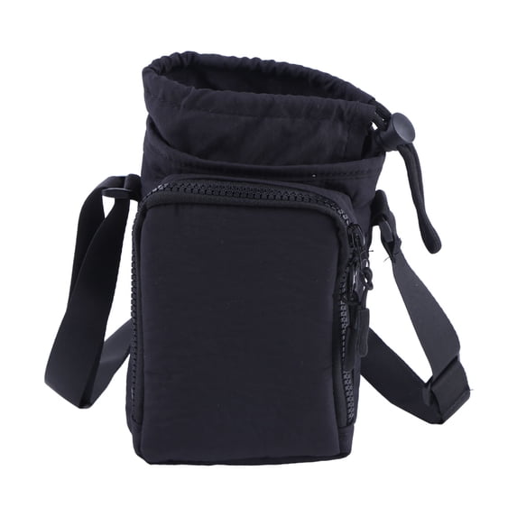 Water Bottle Holder with Strap Adjustable Strap Crossbody Water Bottle Bag with Front Pocket Drawstring Water Bottle Carrier for Hiking Camping (Black)