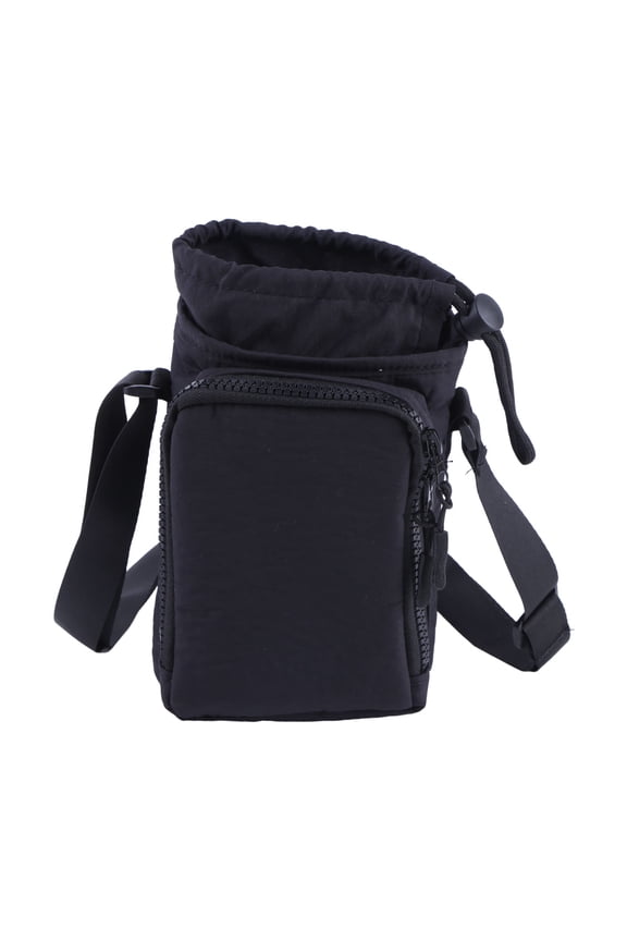 Water Bottle Holder with Strap Adjustable Strap Crossbody Water Bottle Bag with Front Pocket Drawstring Water Bottle Carrier for Hiking Camping (Black)