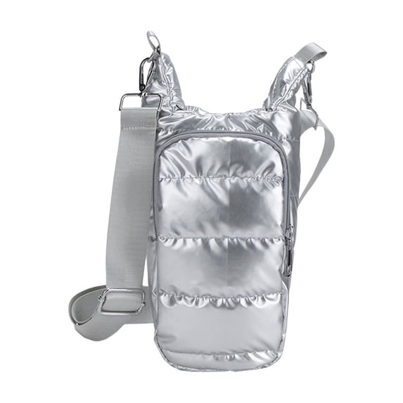 Water Bottle Holder, Strap Water Bottle Carrier Bag Quilted Puffer Hydrobag Sling Purse Crossbody Bags for Women Silver
