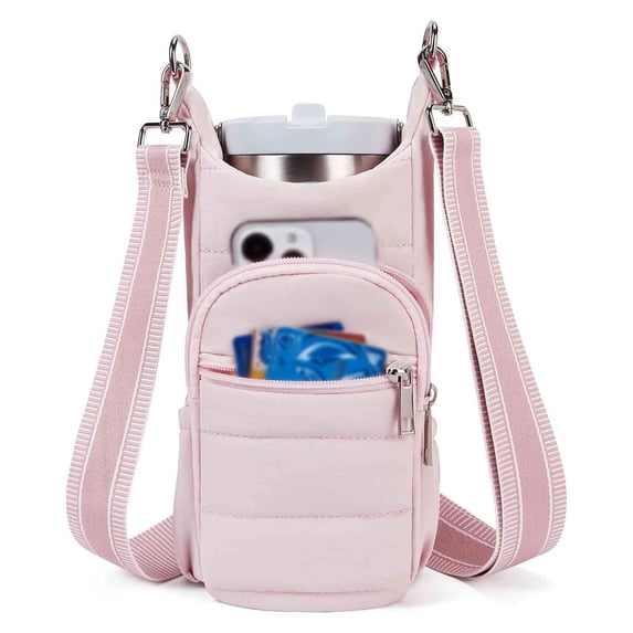 Water Bottle Holder with Strap, Hands-Free Crossbody Water Bottle Carrier Bag w/Phone Pocket(pink)