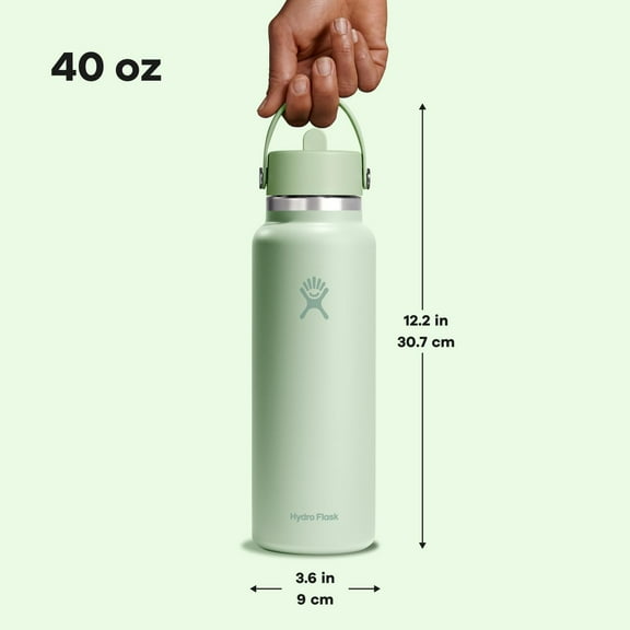 Water Bottle - Insulated Stainless Steel - Wide Straw Lid, Non Spill, Leakproof in 40 Oz Aloe Green