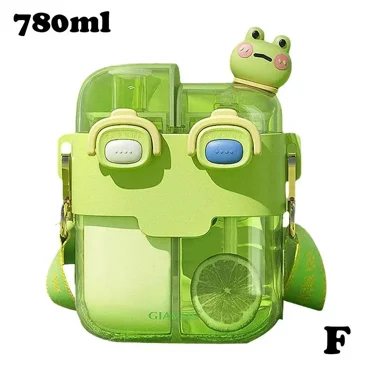 Water Bottle Large Capacity Cute Cartoon Drinking Bottle 530/780ml Double-Bin Plastic Straw Cup with Adjustable Strap for K U6N2