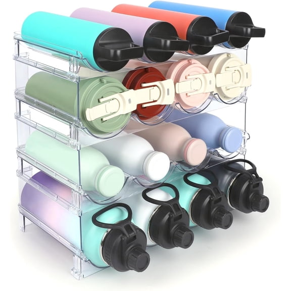 Water Bottle Organizer - 4 Pack Clear Stackable Bottle Storage Rack and Wine Rack for Bottle and Other Tumbler Organizer for Kitchen Cabinets, 4 Tier Hold 16