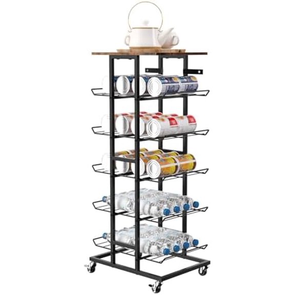 Water Bottle Organizer 6 Tier Bottled Water Storage Rack with Wheels Water Bottle Stand Drink Holder Metal Beverage Rack Soda Can Shelf Organizer for Pantry Kitchen Home Office Party, Brown