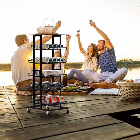 Water Bottle Organizer 6 Tier Bottled Water Storage Rack with Wheels Water Bottle Stand Drink Holder Metal Beverage Rack Soda Can Shelf Organizer for Pantry Office Party, Brown