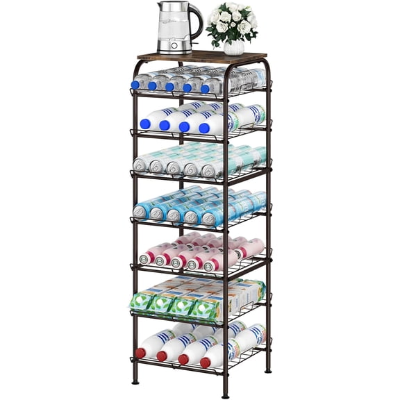 Water Bottle Organizer 7 Tier Free Standing Water Bottle Storage Rack Metal Water Bottle Rack Shelf Large Capacity Bottled Water Holder Beverage Drink Stand for Kitchen Pantry Office, Brown