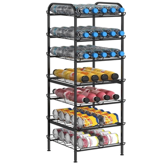 Water Bottle Organizer 7 Tier Freestanding Water Bottle Storage Organizer Metal Bottle Rack Holder Stand Shelf for Kitchen Pantry Food Storage (Black)