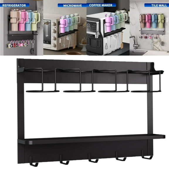 Water Bottle Organizer Holder, Magnetic Cup Rack Storage, Space Saving Wall Mount Bottle Organizer with 5 Hook, Easy to Install, Black