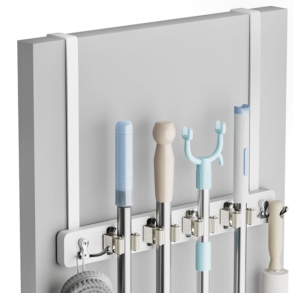 Broom Holder Door Mount, Over the Door Broom and Mop Holder with 2 Over Door Hooks, Wood Broom Hanger, Tool Rack Organizer for Laundry, Garage, Closet, Kitchen Decor, 4 Slots & 4 Hooks Rustic