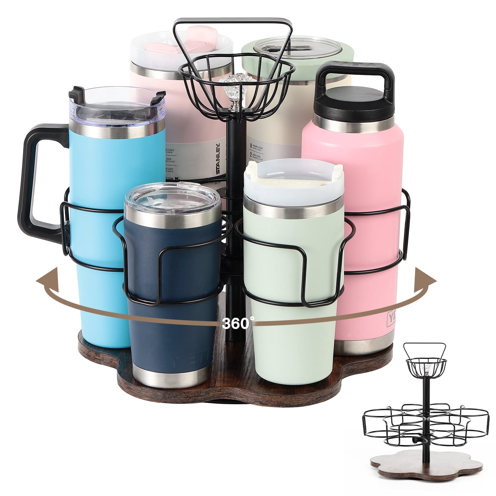Water Bottle Organizer for Stanley&Yeti, Rotating Stanley Cup Organizer Holder with 6 Slots for 20-40oz, Tumbler Holder Organizer, Stanley Cup Accessories (Brown)