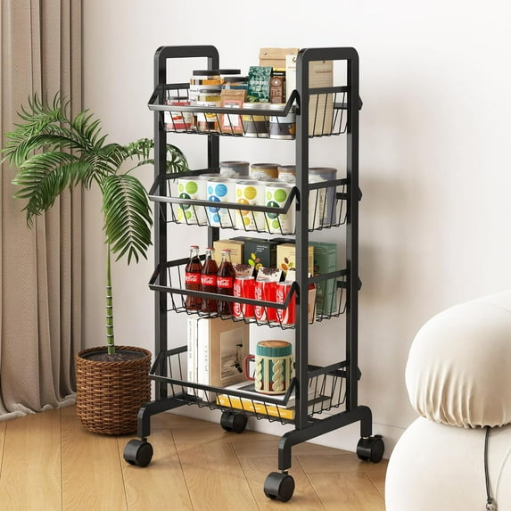 Water Bottle Organizer with Wheels 4-Tier Fruit Rack Snack Cart Cart Metal Wire Storage Cart Rolling Pantry Utility Kitchen Cart, Black