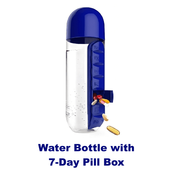 Water Bottle Portable, 7 Day Pill Box,Pill Organizer with Water Bottle,Daily Sports Water Bottle,Vitamin Holder,Supplement Organizer Case,7 Days Capsule Organizer,for Outdoor Gym Travel, blue