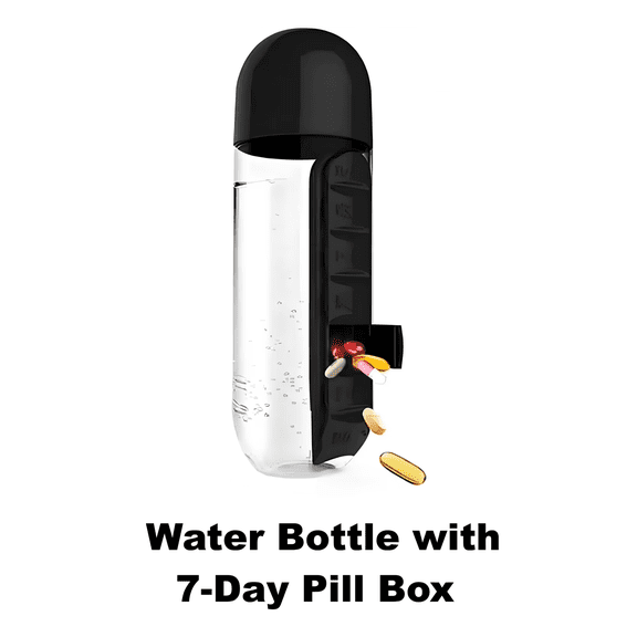 Water Bottle Portable, 7 Day Pill Box,Pill Organizer with Water Bottle,Daily Sports Water Bottle,Vitamin Holder,Supplement Organizer Case,7 Days Capsule Organizer,for Outdoor Gym Travel, black