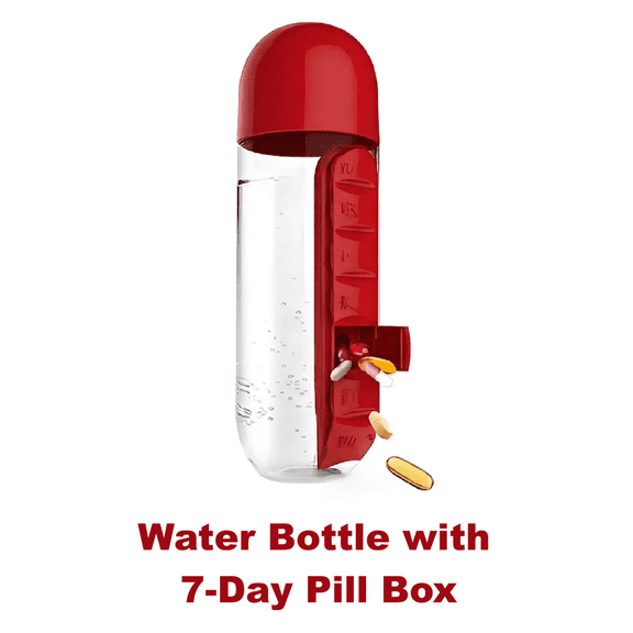 Water Bottle Portable, 7 Day Pill Box,Pill Organizer with Water Bottle,Daily Sports Water Bottle,Vitamin Holder,Supplement Organizer Case,7 Days Capsule Organizer,for Outdoor Gym Travel, red