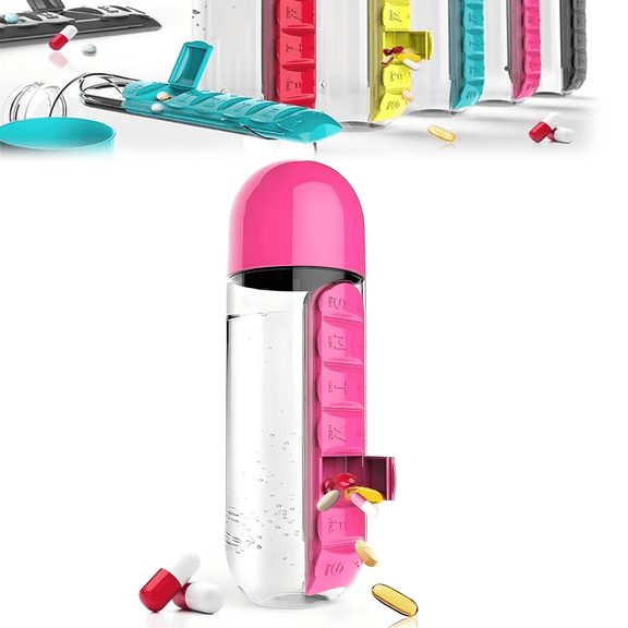 Water Bottle Portable Pill,Pill Organizer with Water Bottle,Daily Sports Water Bottle,Vitamin Holder Supplement Organizer Case,7 Days Capsule Organizer,for Outdoor Gym Travel, pink