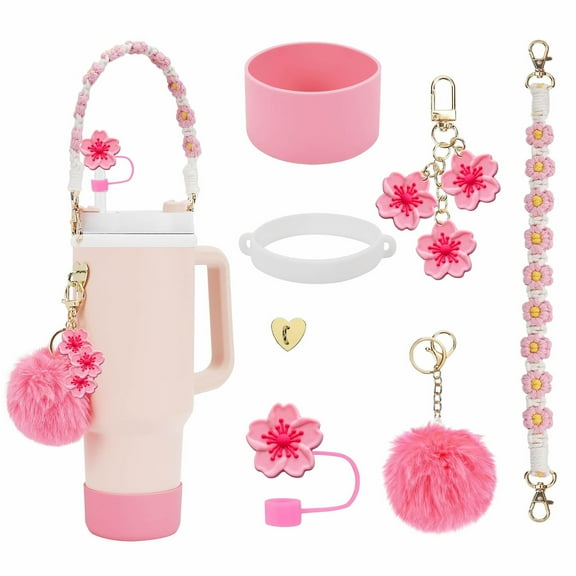Water Bottle Sleeve Cup Protective Cover Set for Stanley Silicone Tumbler Sleeve with Handle Strap Floral Charms