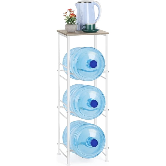 Water Bottle Storage Holder 5 Gallon Drink Dispenser Stand with Table 3-Tier Heavy Duty Water Cooler Jug Rack Water Bottle Organizer for Kitchen, Office, Living Room, Rustic Grey