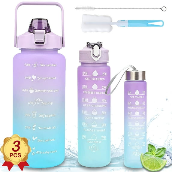 Water Bottle with Straw, 2L Extra Large Motivational Water Cup Reusable Plastic Water Jug, Leakproof Big Drinking Sport Bottles for Gym Fitness Outdoor, 3 Pcs Purple