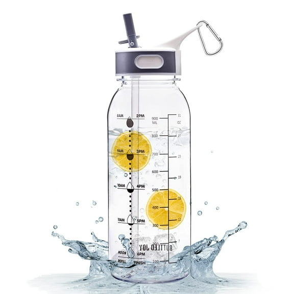 Water Bottle with Straw, 32oz/1 Liter BPA-Free Motivational Water Bottle, Water Bottle with Time Maker, For Bottled Joy Sports Jug, Leakproof Buckle Drinking Bottles for Fitness, Outdoor