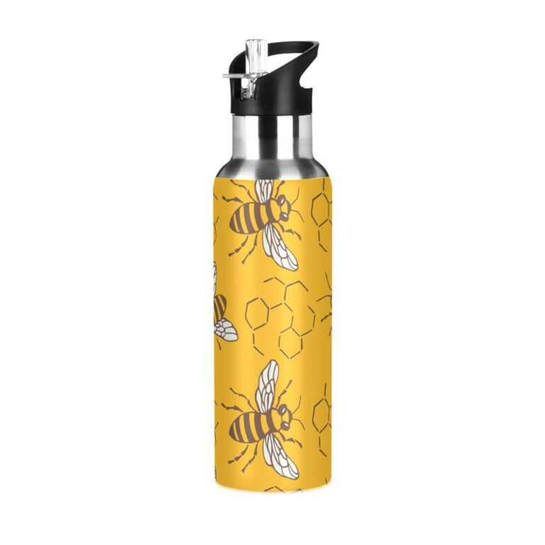 Water Bottle with Straw Lid Leak Bees and Honeys on Yellow