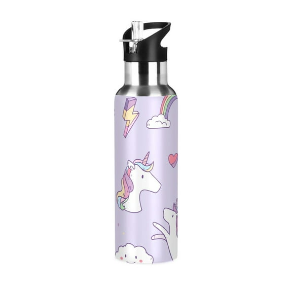 Water Bottle with Straw Lid Leak Cartoon Unicorn Rainbow Ice Cream Element Pattern Stainless Steel Insulated Thermos Vacuum Flask for Cold Hot Drinking for Sports Camping Gym Yoga