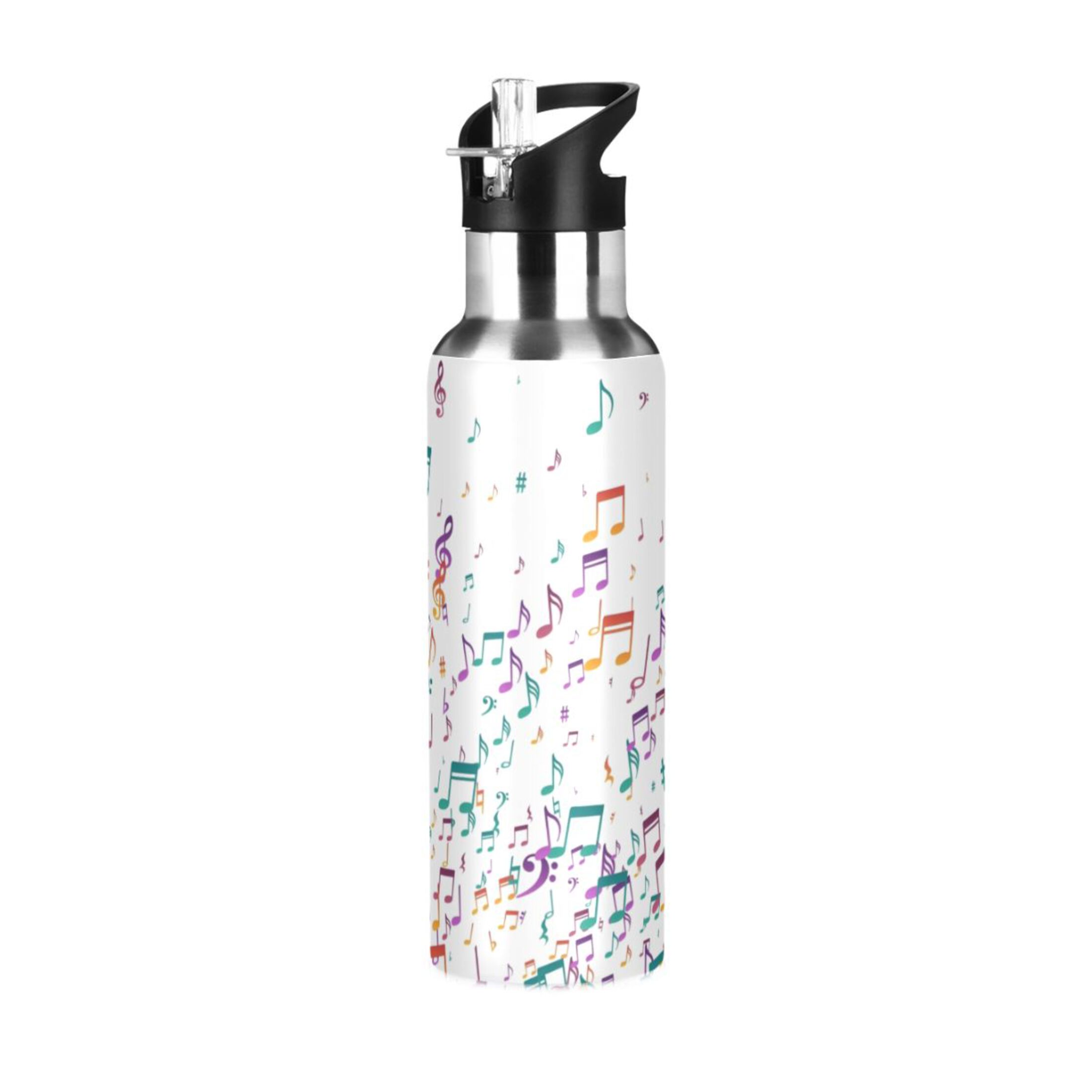 Water Bottle with Straw Lid Leak Colorful Musical Notes Stainless Steel