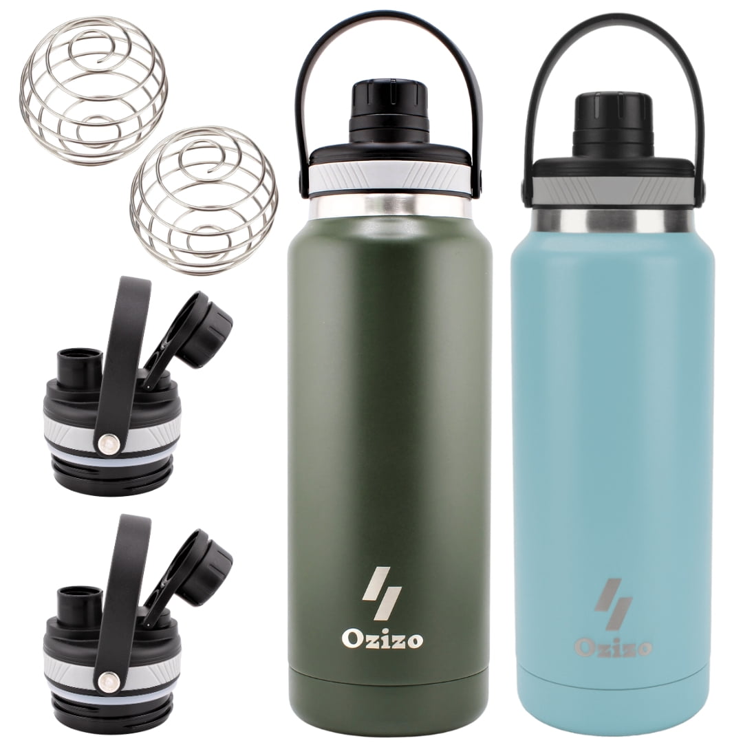 Ozizo Thermos for Water, 1 Liter Insulated Stainless Steel Bottle with Flip Top Lid, Leakproof Double Wall (2 Bottles)