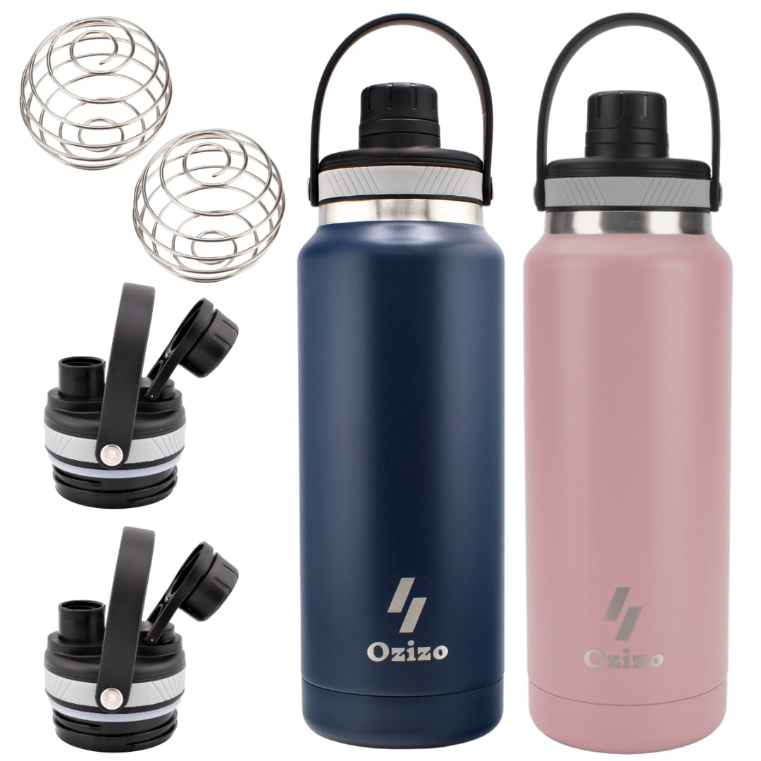 Ozizo Thermos for Water, 1 Liter Insulated Stainless Steel Bottle with Flip Top Lid, Leakproof Double Wall (2 Bottles)