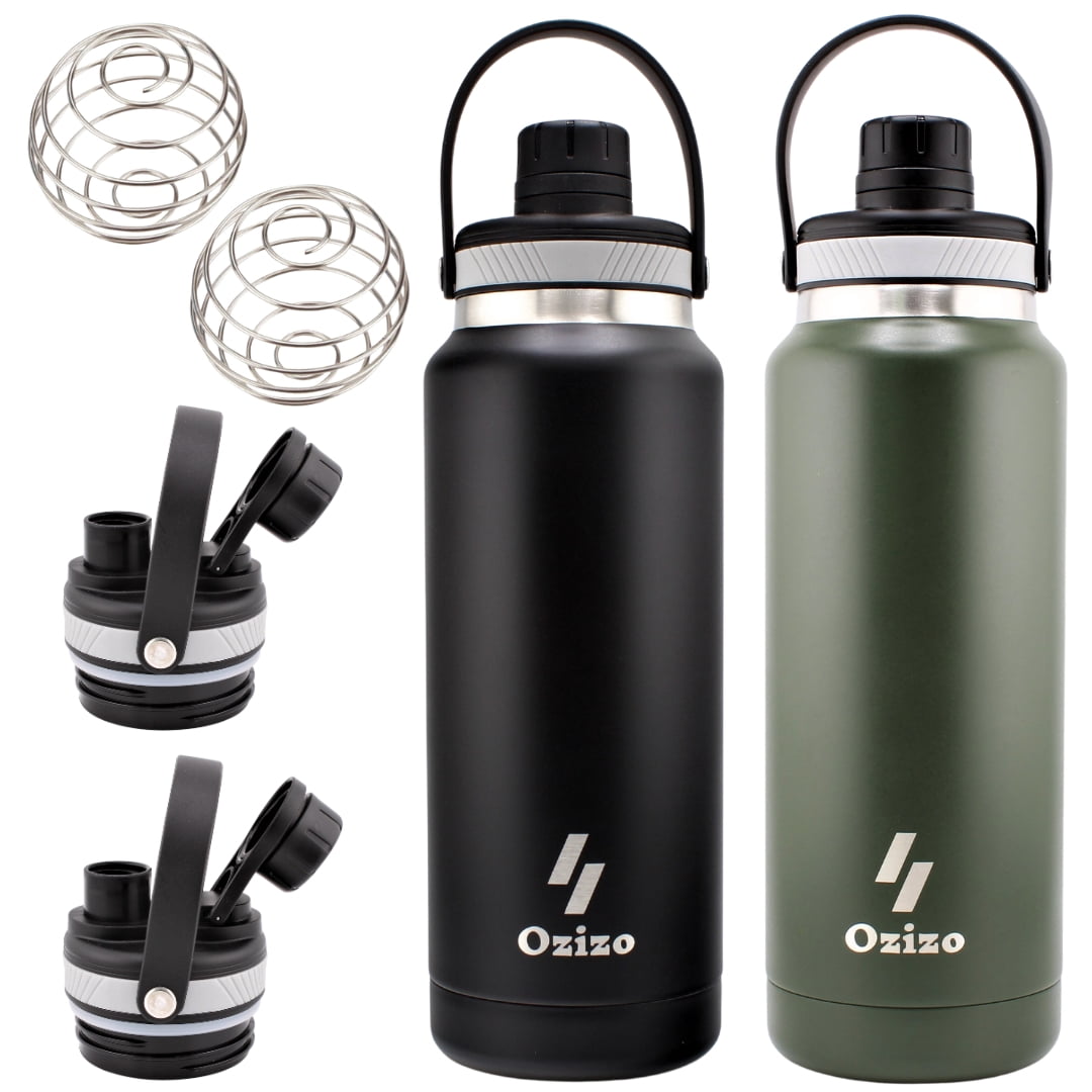Ozizo Thermos for Water, 1 Liter Insulated Stainless Steel Bottle with Flip Top Lid, Leakproof Double Wall (Black and Green)