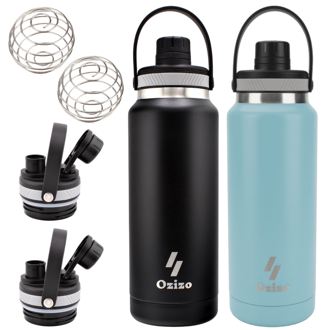 Ozizo Thermos for Water, 1 Liter Insulated Stainless Steel Bottle with Flip Top Lid, Leakproof Double Wall (2 Bottles)