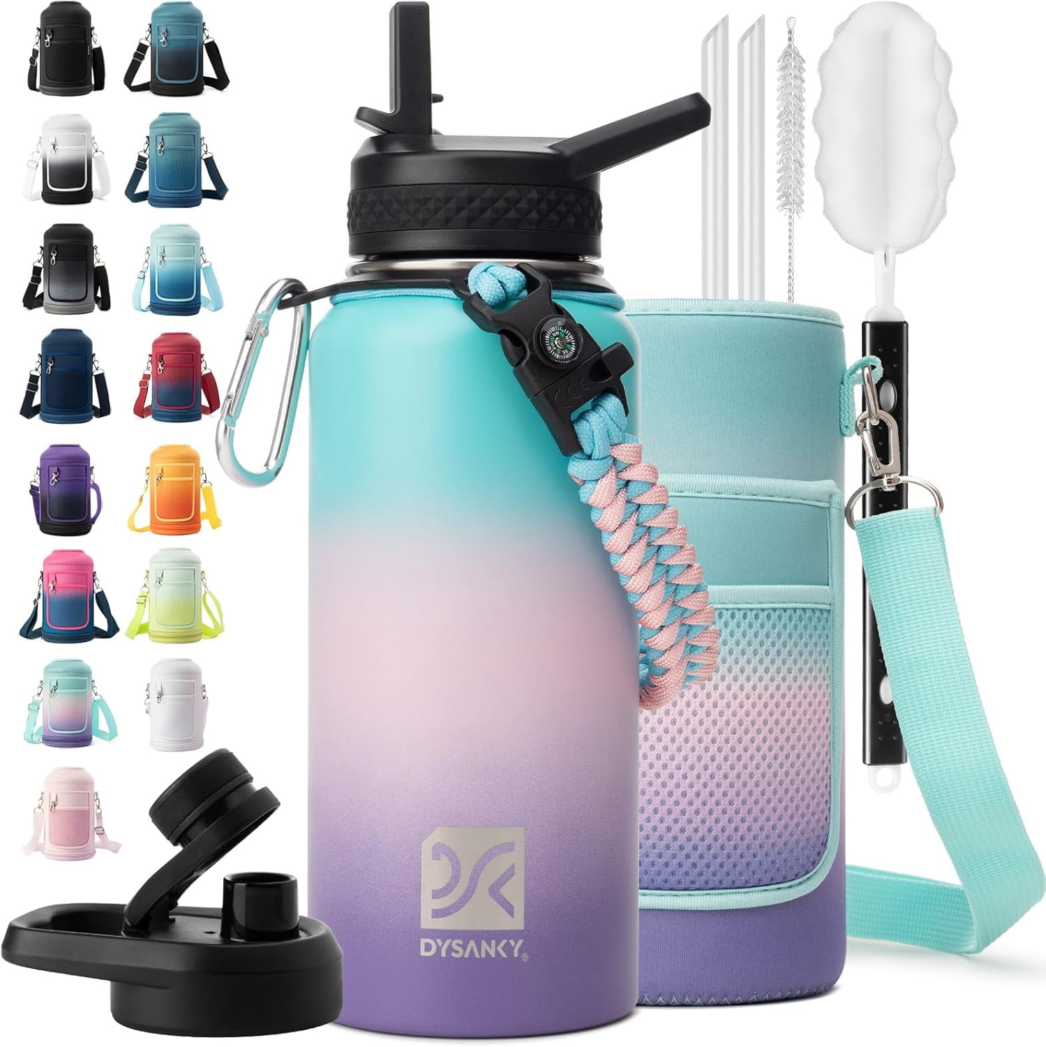 Water Bottle | Thickened Stainless Steel Vacuum Metal | Portable Sports Water Jug for Gym and Hiking with Straw, Carrier Bag, Handle Strap | BPA-Free 32 oz, Black