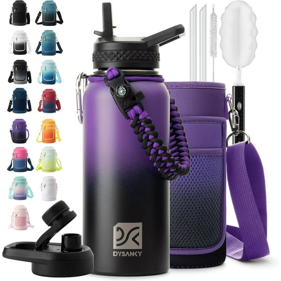 Water Bottle | Thickened Stainless Steel Vacuum Metal | Portable Sports Water Jug for Gym and Hiking with Straw, Carrier Bag, Handle Strap | BPA-Free 32 oz, Black