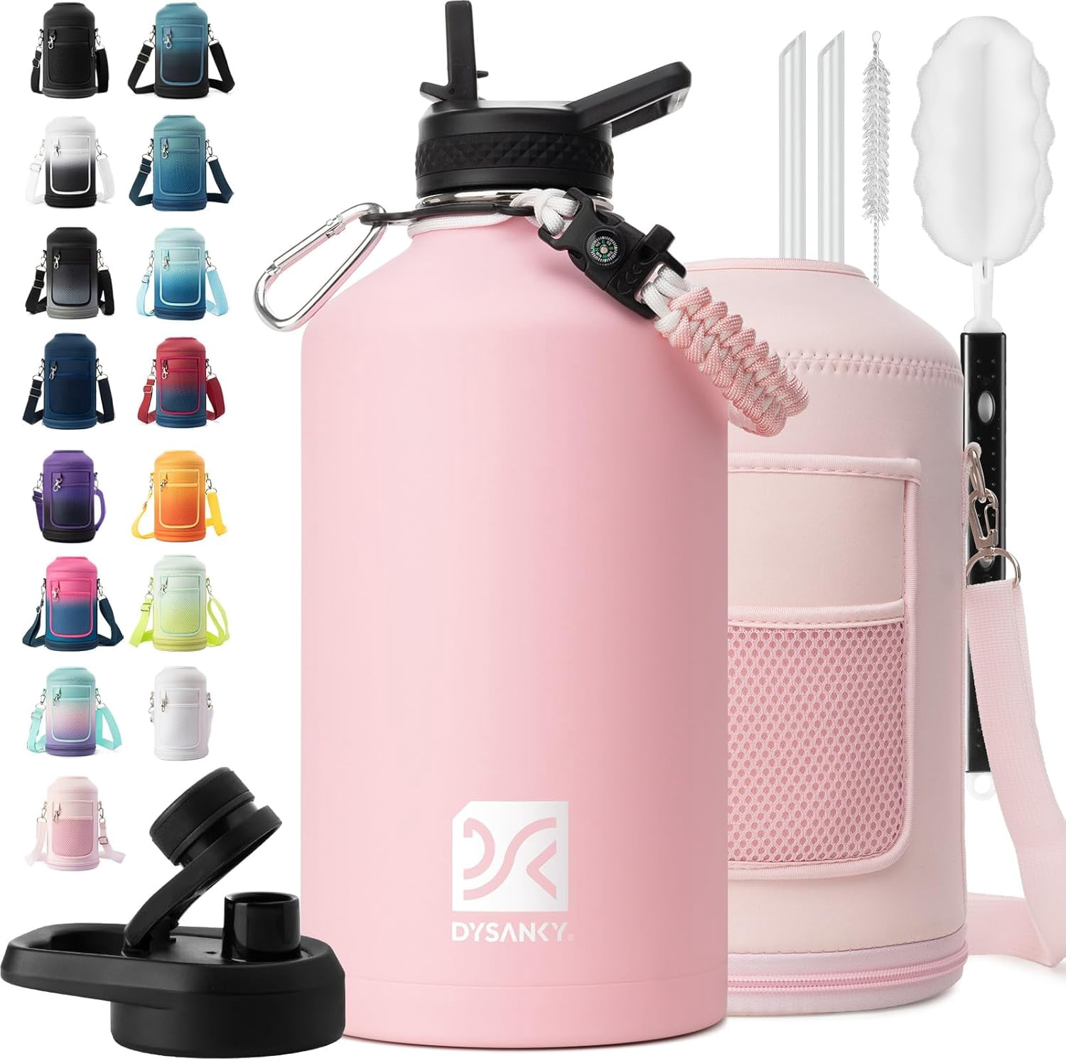 Water Bottle | Thickened Stainless Steel Vacuum Metal | Portable Sports Water Jug for Gym and Hiking with Straw, Carrier Bag, Handle Strap | BPA-Free 32 oz, Black