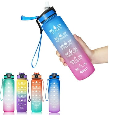 Water Bottle with Time Marker - Large 1 Liter BPA Free Water Bottle - Leak Proof & No Sweat Gym Bottle with Fruit Infuser Strainer for Fitness or Sport & Outdoors with Cleaning Brush