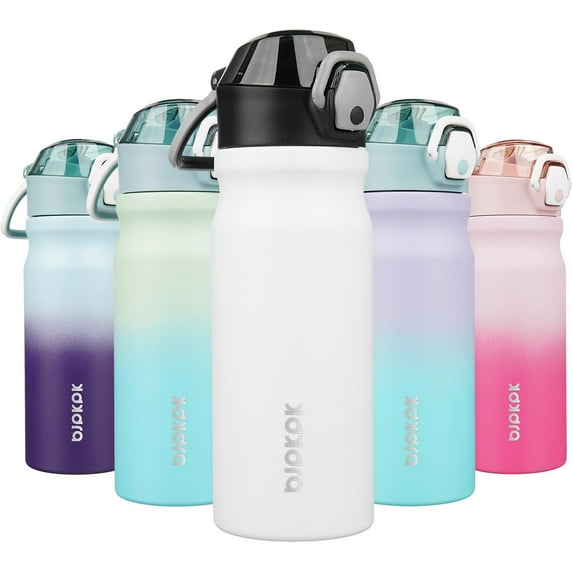 Water Bottle With Straw 18oz Insulated Water Bottles Reusable Stainless Steel Metal Thermos With Leak Proof Lockable Lid And Carry Handle,White