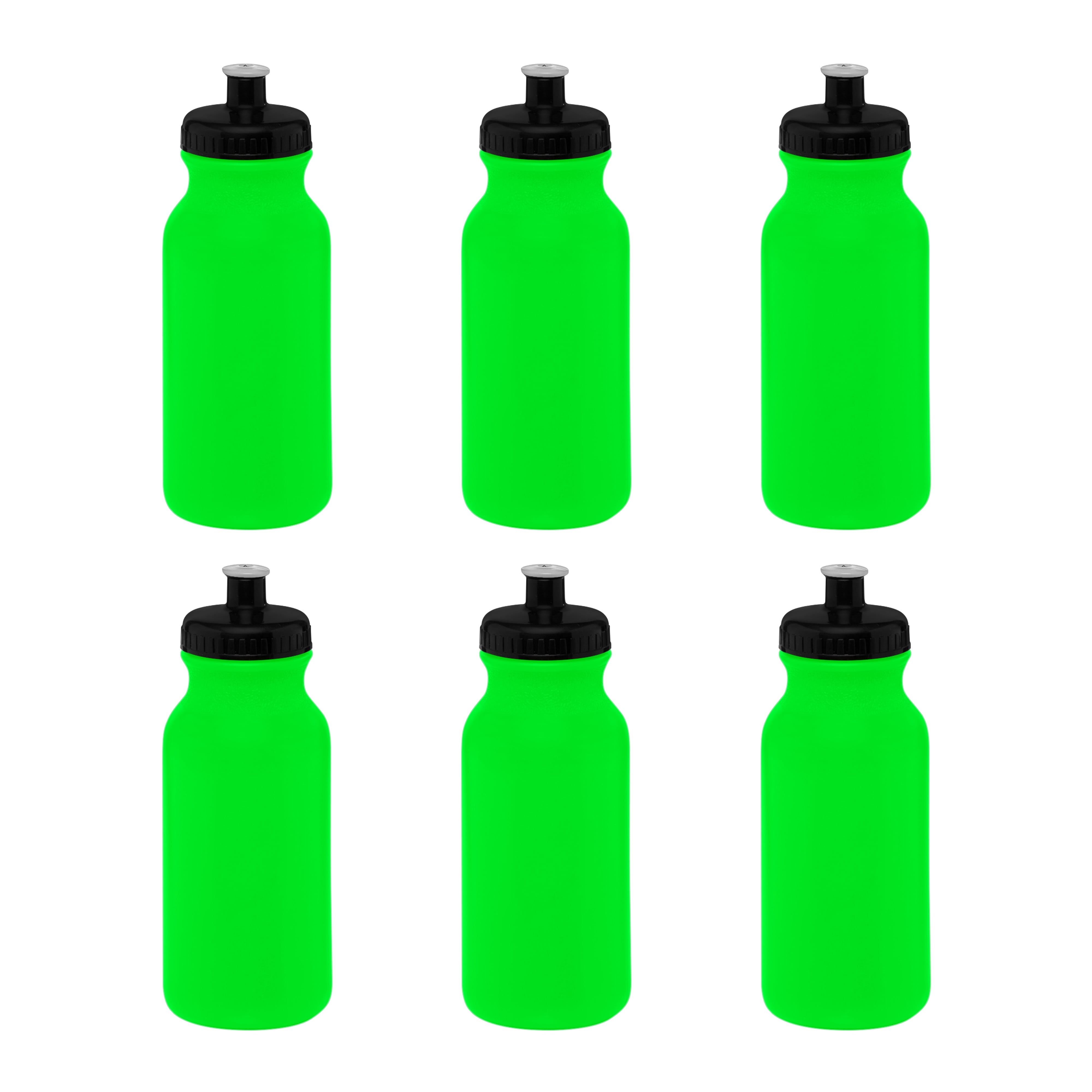 Water Bottle with Push Cap 20 oz. Set of 6, Bulk Pack - Reusable, Leak Proof, Perfect for Gym, Hiking, Camping, Outdoor Sports - Neon Green