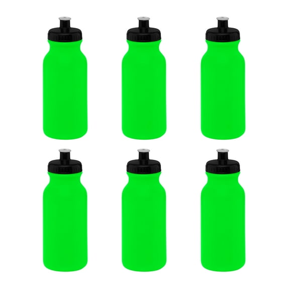 Water Bottle with Push Cap 20 oz. Set of 6, Bulk Pack - Reusable, Leak Proof, Perfect for Gym, Hiking, Camping, Outdoor Sports - Neon Green
