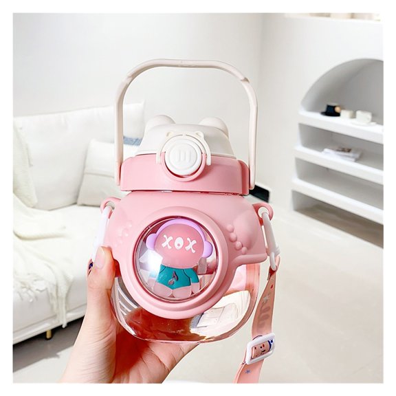 Water Bottle with Straw Large Capacity Cute Bear Plastic Water Bottles with Strap Handle