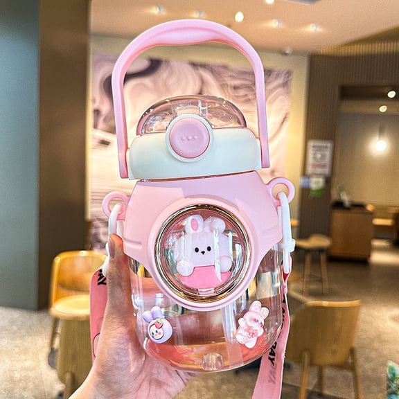 Water Bottle with Straw and Adjustable Shoulder Strap, Leakproof Portable Cartoon Cup for Summer Travel and , Cute Easter Gifts, Pink