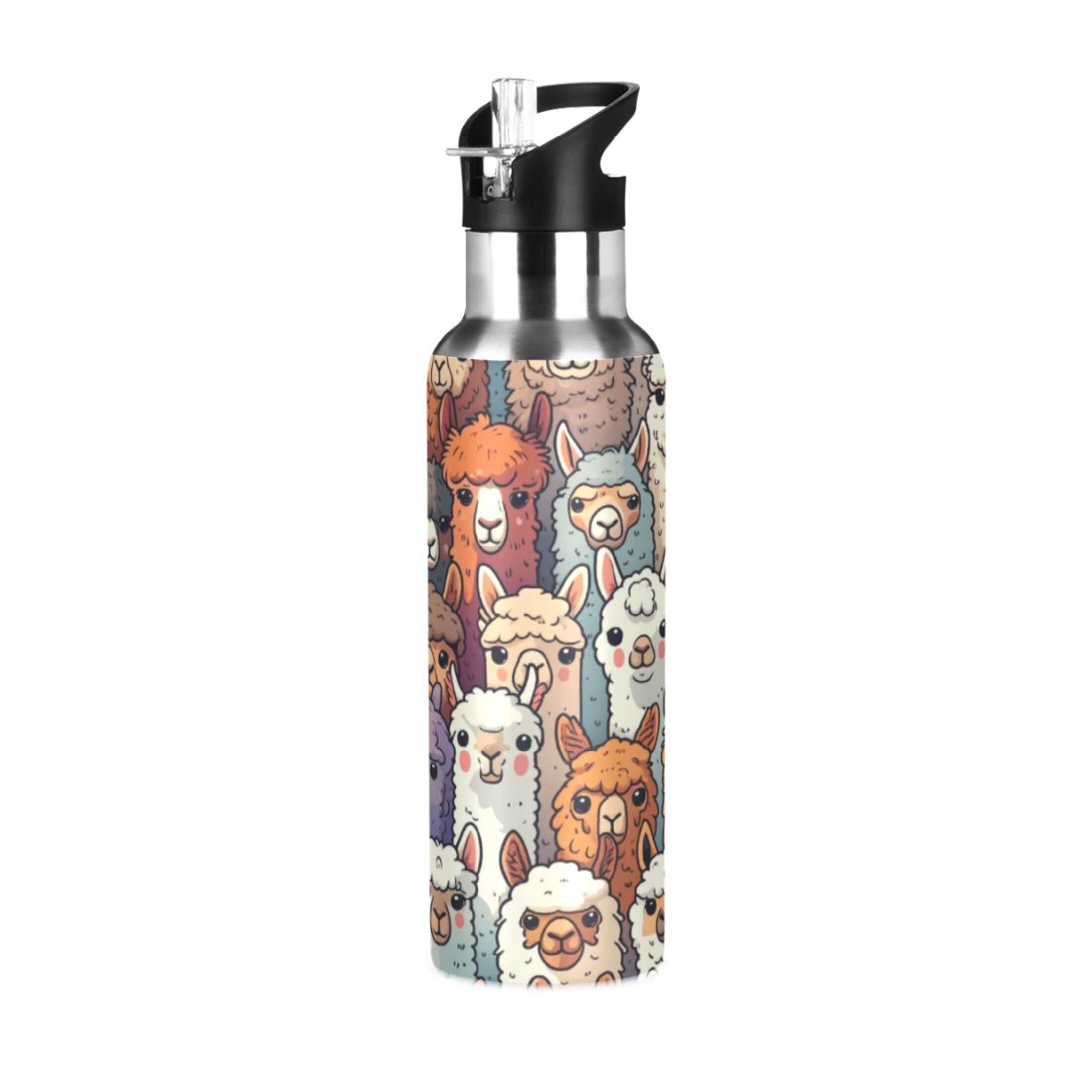 Water Bottles 20oz Straw Lid Wide Mouth Stainless Steel for School Sport Travel Alpaca Llama Animal Faces