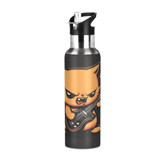 Water Bottles 20oz Straw Lid Wide Mouth Stainless Steel for School Sport Travel Angry Cat Playing Guitar