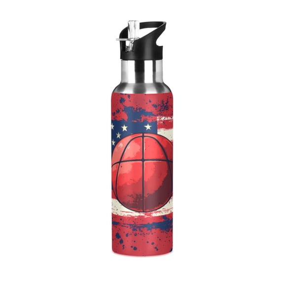 Water Bottles 20oz Straw Lid Wide Mouth Stainless Steel for School Sport Travel Basketball and American Flag
