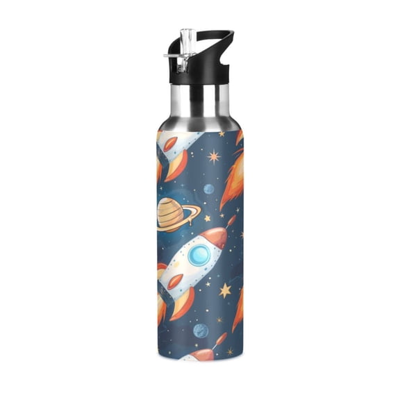 Water Bottles 20oz Straw Lid Wide Mouth Stainless Steel for School Sport Travel Cartoon Rocket Planet Star