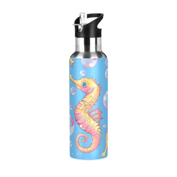 Water Bottles 20oz Straw Lid Wide Mouth Stainless Steel for School Sport Travel Cartoon Seahorse and Bubbles