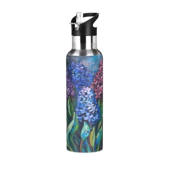 Water Bottles 20oz Straw Lid Wide Mouth Stainless Steel for School Sport Travel Color Hyacinths Flower