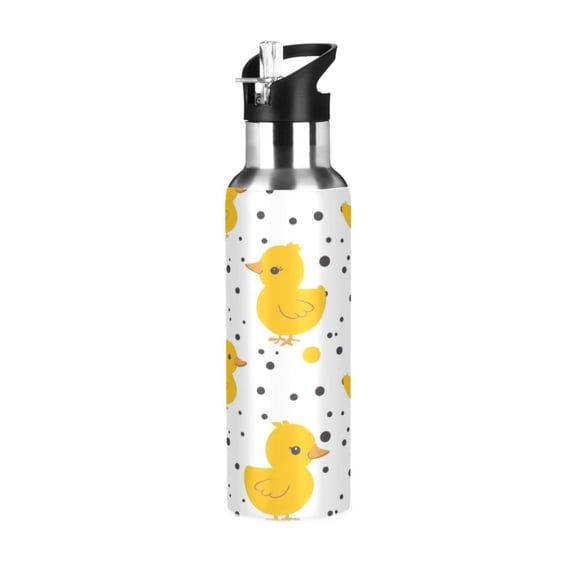 Water Bottles 20oz Straw Lid Wide Mouth Stainless Steel for School Sport Travel Cute Duck with Polka Dot