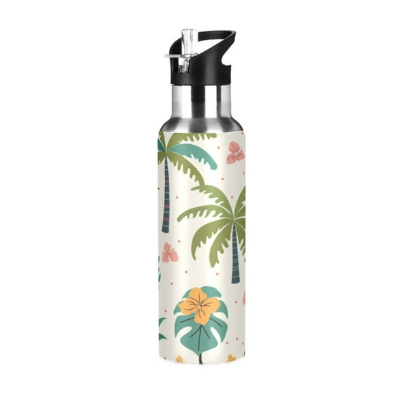 Water Bottles 20oz Straw Lid Wide Mouth Stainless Steel for School Sport Travel Cute Flamingo Palm Tree Flower