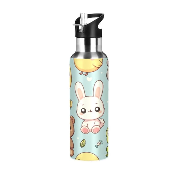 Water Bottles 20oz Straw Lid Wide Mouth Stainless Steel for School Sport Travel Cute Frog Bear Rabbit