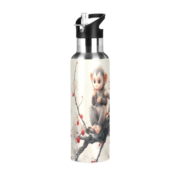 Water Bottles 20oz Straw Lid Wide Mouth Stainless Steel for School Sport Travel Cute Monkeys on Flower Branch