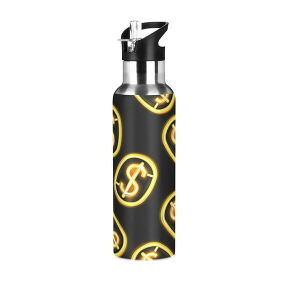 Water Bottles 20oz Straw Lid Wide Mouth Stainless Steel for School Sport Travel Dollar Sign